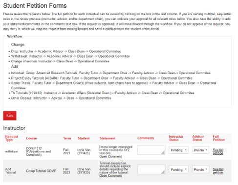 Instructor view of pending petitions
